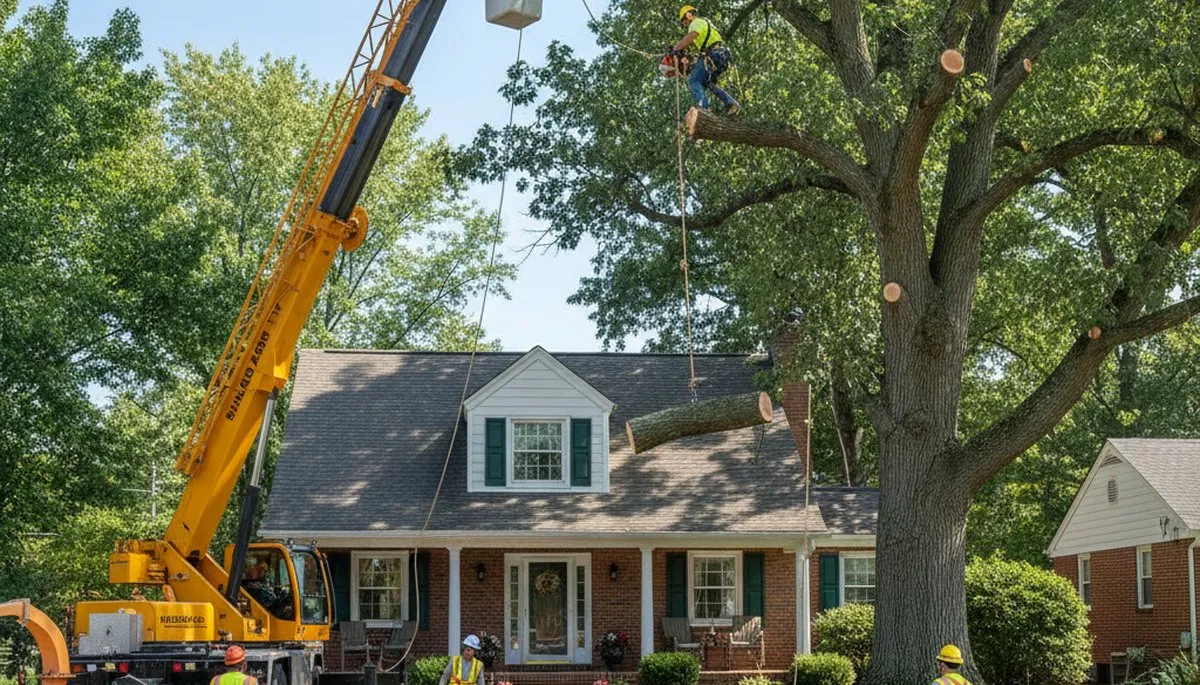 Arborists removing large tree with bucket truck in Glenshaw near Pittsburgh PA home