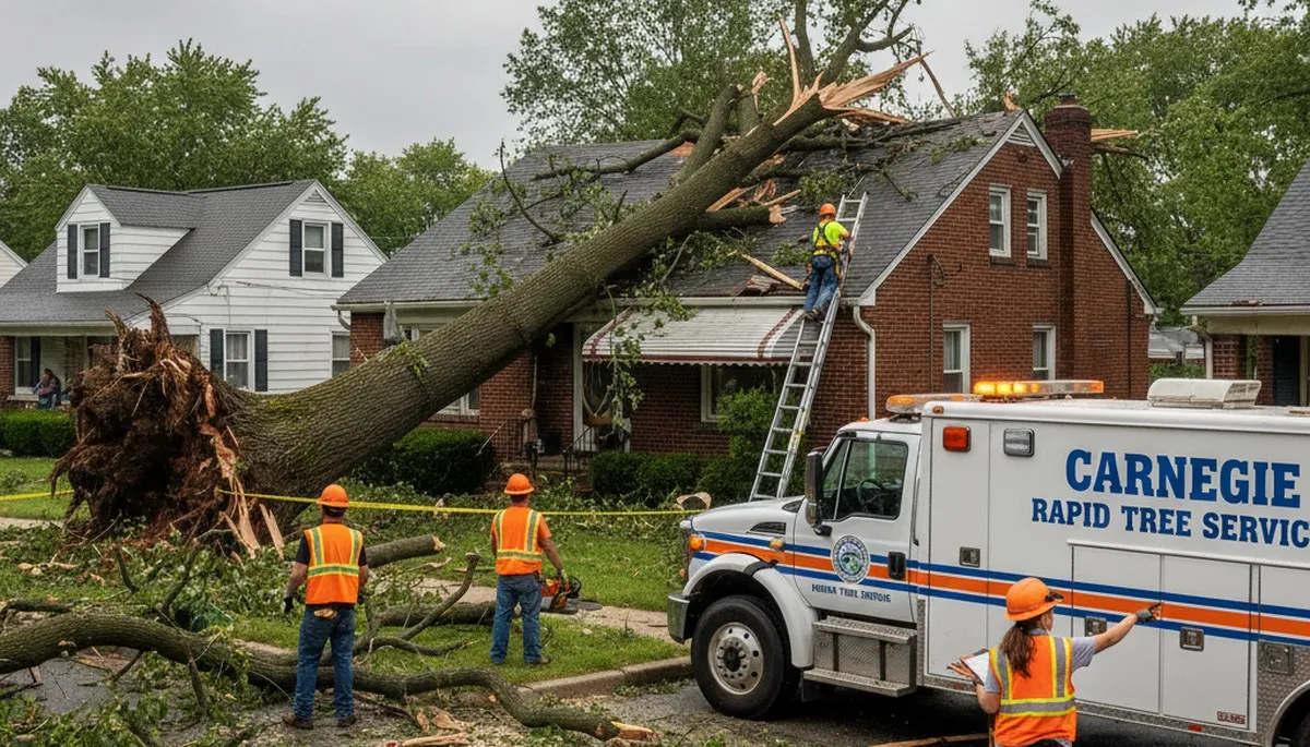 Emergency tree removal crew clearing storm damage in Carnegie, Pittsburgh, PA after severe weather