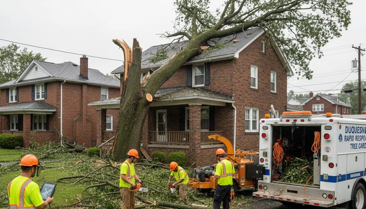 Emergency tree removal crew clearing storm-damaged trees in Duquesne, Pittsburgh, PA neighborhood